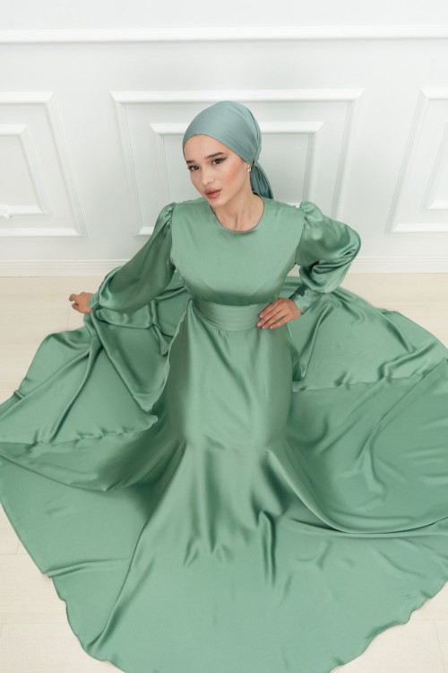 Dianna Sade Bel Bağlamalı Kloş Kobe Saten Tesettür Abiye Mint Yeşili Mint Yeşili