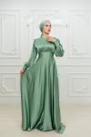 Dianna Sade Bel Bağlamalı Kloş Kobe Saten Tesettür Abiye Mint Yeşili Mint Yeşili