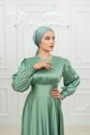 Dianna Sade Bel Bağlamalı Kloş Kobe Saten Tesettür Abiye Mint Yeşili Mint Yeşili