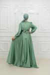 Dianna Sade Bel Bağlamalı Kloş Kobe Saten Tesettür Abiye Mint Yeşili Mint Yeşili