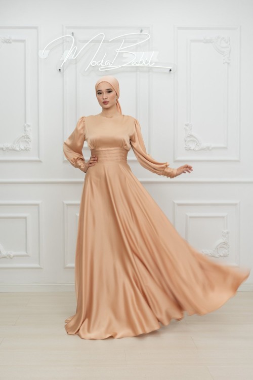 Dianna Sade Bel Bağlamalı Kloş Kobe Saten Tesettür Abiye Krem Krem