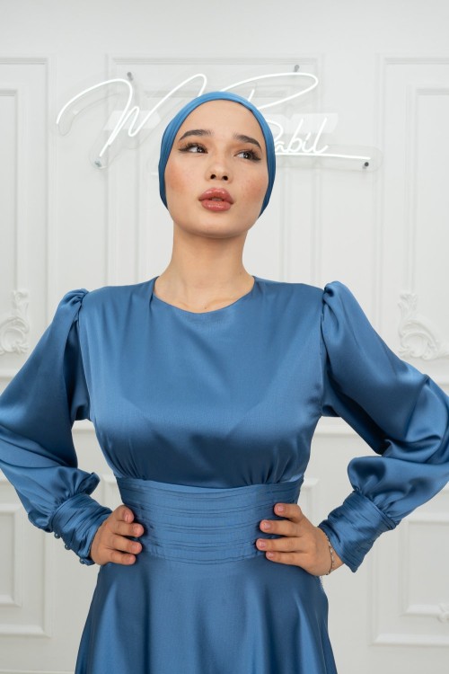 Dianna Sade Bel Bağlamalı Kloş Kobe Saten Tesettür Abiye İndigo İndigo