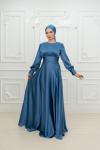 Dianna Sade Bel Bağlamalı Kloş Kobe Saten Tesettür Abiye İndigo İndigo