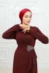 Sezen Taş Detay Esnek Örme Tesettür Kloş Abiye Bordo Bordo