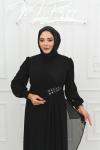 Venom Taş ve Şifon Detay Esnek Örme Tesettür Kloş Abiye Siyah Siyah