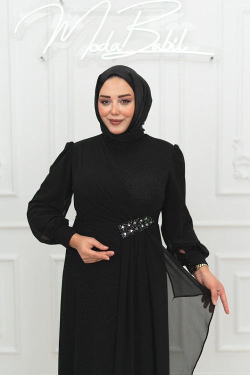  Venom Taş ve Şifon Detay Esnek Örme Tesettür Kloş Abiye Siyah Siyah