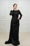 Frezya Pelerin Drape Detay Saten Kalem Tesettür Abiye Siyah  Siyah