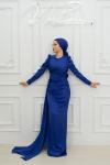 Frezya Pelerin Drape Detay Saten Kalem Tesettür Abiye Saks Mavisi Saks Mavisi