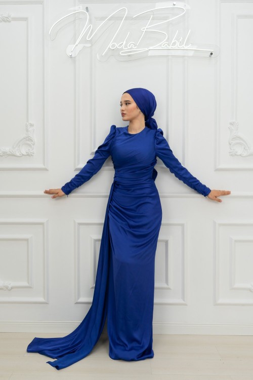 Frezya Pelerin Drape Detay Saten Kalem Tesettür Abiye Saks Mavisi Saks Mavisi