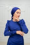 Frezya Pelerin Drape Detay Saten Kalem Tesettür Abiye Saks Mavisi Saks Mavisi