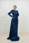 Frezya Pelerin Drape Detay Saten Kalem Tesettür Abiye İndigo Yeni Indigo