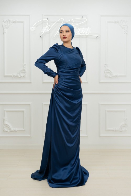 Frezya Pelerin Drape Detay Saten Kalem Tesettür Abiye İndigo Yeni Indigo