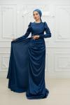 Frezya Pelerin Drape Detay Saten Kalem Tesettür Abiye İndigo Yeni Indigo