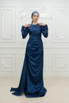 Frezya Pelerin Drape Detay Saten Kalem Tesettür Abiye İndigo Yeni Indigo