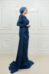 Frezya Pelerin Drape Detay Saten Kalem Tesettür Abiye İndigo Yeni Indigo