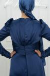 Frezya Pelerin Drape Detay Saten Kalem Tesettür Abiye İndigo Yeni Indigo