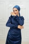 Frezya Pelerin Drape Detay Saten Kalem Tesettür Abiye İndigo Yeni Indigo