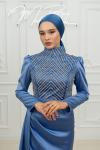 Verena Tam Taşlı Belden Parça Saten Tesettür Kalem Abiye  İndigo İndigo
