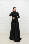 Bel Drape Detay Kol ve Omuz Taşlı Saten Kalem Tesettür Abiye Siyah Siyah