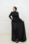  Bel Drape Detay Kol ve Omuz Taşlı Saten Kalem Tesettür Abiye Siyah Siyah