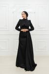  Bel Drape Detay Kol ve Omuz Taşlı Saten Kalem Tesettür Abiye Siyah Siyah