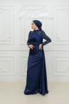 Bel Drape Detay Kol ve Omuz Taşlı Saten Kalem Tesettür Abiye Lacivert Lacivert