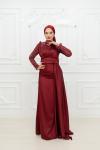 Bel Drape Detay Kol ve Omuz Taşlı Saten Kalem Tesettür Abiye Bordo Bordo