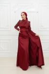 Bel Drape Detay Kol ve Omuz Taşlı Saten Kalem Tesettür Abiye Bordo Bordo