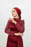 Bel Drape Detay Kol ve Omuz Taşlı Saten Kalem Tesettür Abiye Bordo Bordo