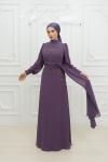 Handa Taş Detay Kloş Abiye Koyu Lila Koyu Lila