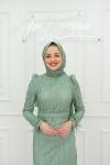  Sude Bilek Tüy Detay Taş İşlemeli Kemerli Tesettür Kalem Abiye Mint Yeşili Mint Yeşili