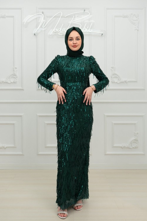 Ceyda Pul Payet Püskül Detay Kemerli Tesettür Kalem Abiye Zümrüt Zümrüt
