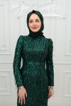 Ceyda Pul Payet Püskül Detay Kemerli Tesettür Kalem Abiye Zümrüt Zümrüt