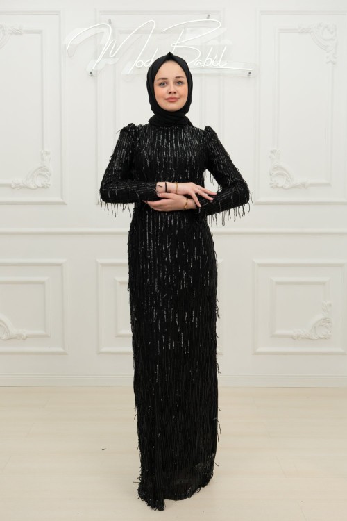 Ceyda Pul Payet Püskül Detay Kemerli Tesettür Kalem Abiye Siyah Siyah