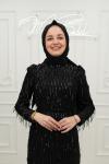 Ceyda Pul Payet Püskül Detay Kemerli Tesettür Kalem Abiye Siyah Siyah