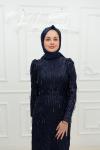 Ceyda Pul Payet Püskül Detay Kemerli Tesettür Kalem Abiye Lacivert Lacivert