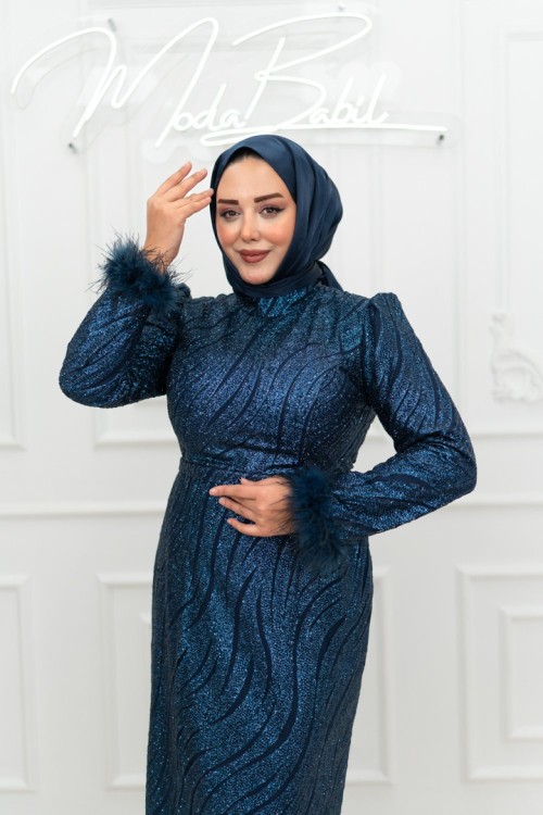  Erva Bilek Tüy Detay Pul Kabartma Simli Kalem Tesettür Abiye Lacivert Lacivert
