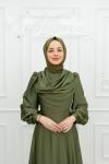 Derya Göğüs Drapeli Balon Kol Kloş Saten Tesettür Haki Haki