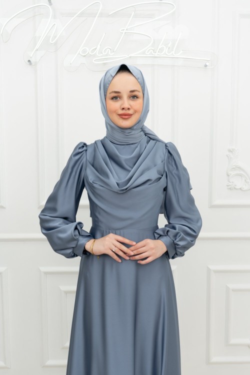Derya Göğüs Drapeli Balon Kol Kloş Saten Tesettür İndigo İndigo