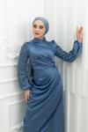  Cansu Kol Ful Taş Detay Drapeli Saten Kalem Tesettür Abiye İndigo İndigo