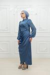  Cansu Kol Ful Taş Detay Drapeli Saten Kalem Tesettür Abiye İndigo İndigo