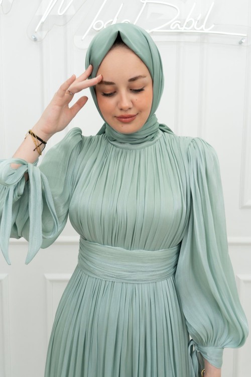 Pelin Pilise Balon Kol Işıltı Kumaş Kalem Tesettür Abiye Mint Yeşili Mint Yeşili