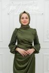  Cansu Kol Ful Taş Detay Drapeli Saten Kalem Tesettür Abiye Haki Haki