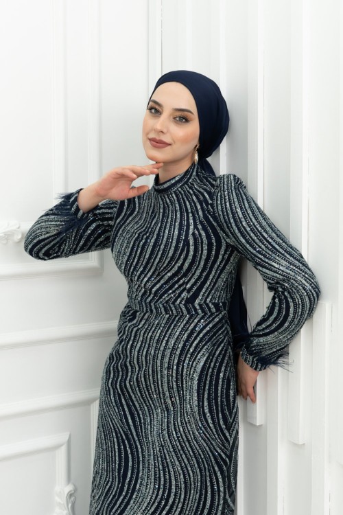 Melda Kol Tüy Detay Simli Tesettür Balık Abiye Lacivert Lacivert