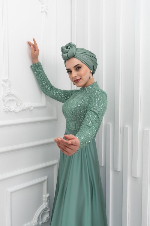 Aliya Pul Payet Saten Etek Grenli Kloş Tesettür  Abiye Mint Yeşili Mint Yeşili