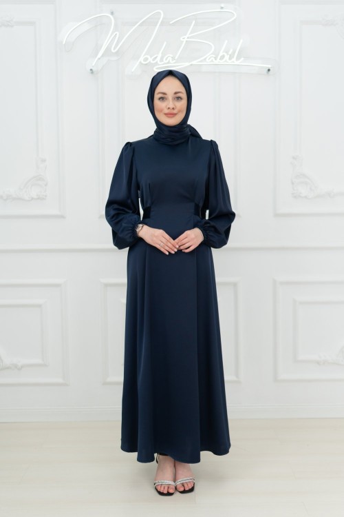 Lina Bel Bağlamalı Sade Tesettür Abiye Lacivert  Lacivert