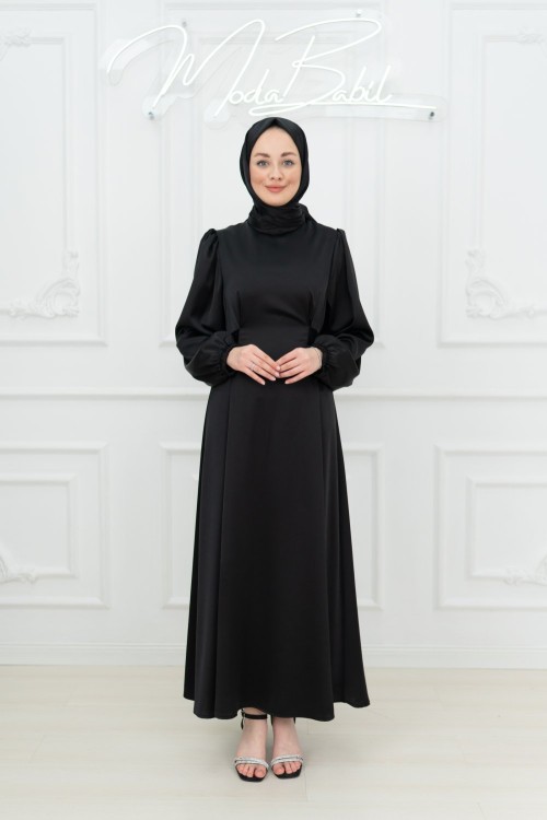 Lina Bel Bağlamalı Sade Tesettür Abiye Siyah Siyah
