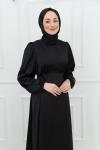 Lina Bel Bağlamalı Sade Tesettür Abiye Siyah Siyah