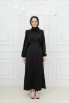 Lina Bel Bağlamalı Sade Tesettür Abiye Siyah Siyah