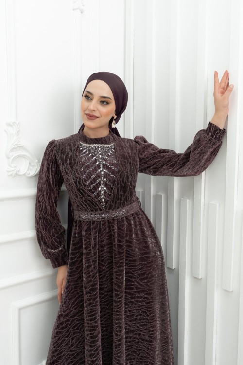 Naomi Kemer V Yaka İçi Taş Detay Tül Kloş Tesettür Abiye Mor Mor
